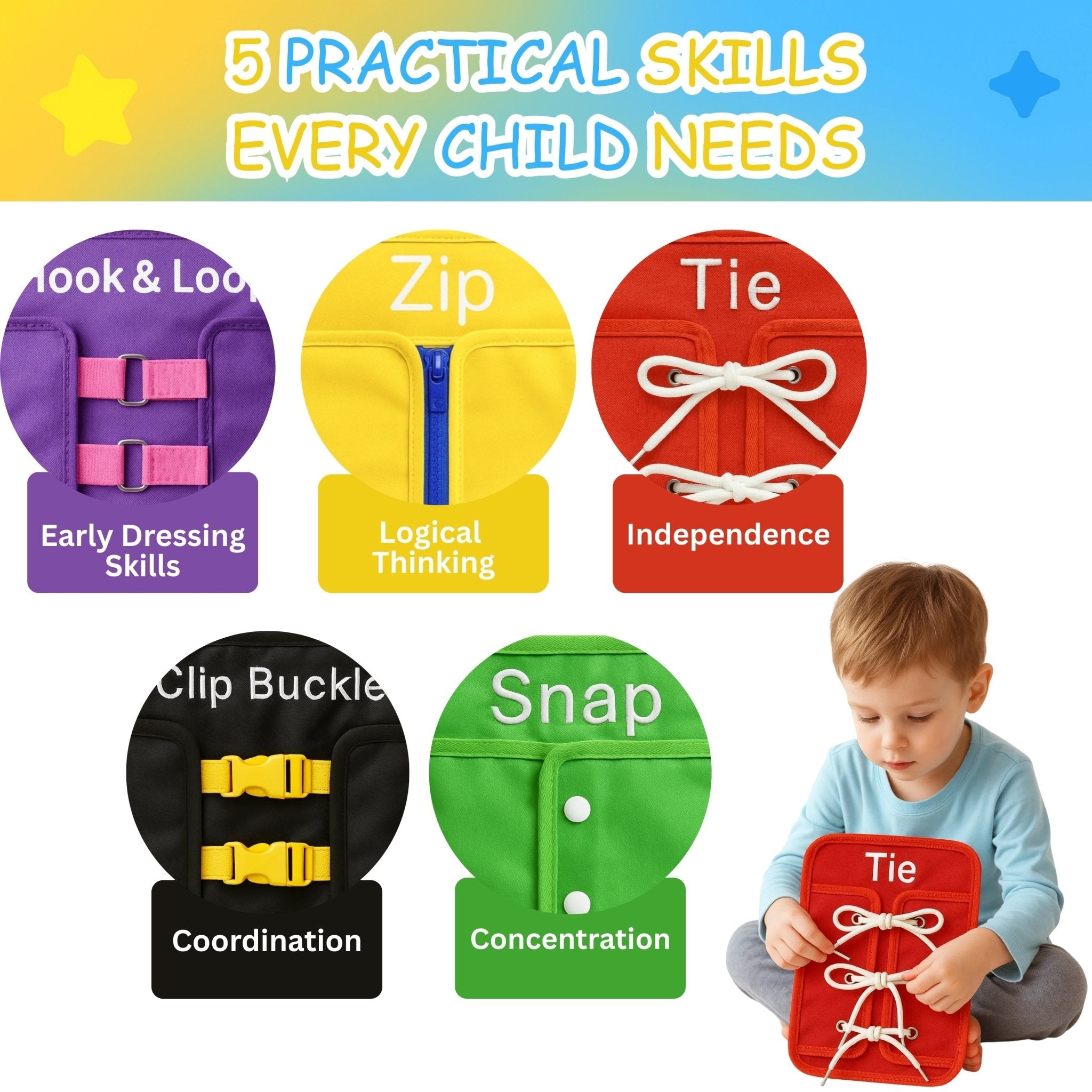 PeekaPlay 5-in-1 Busy Board — Montessori Life Skills Toy