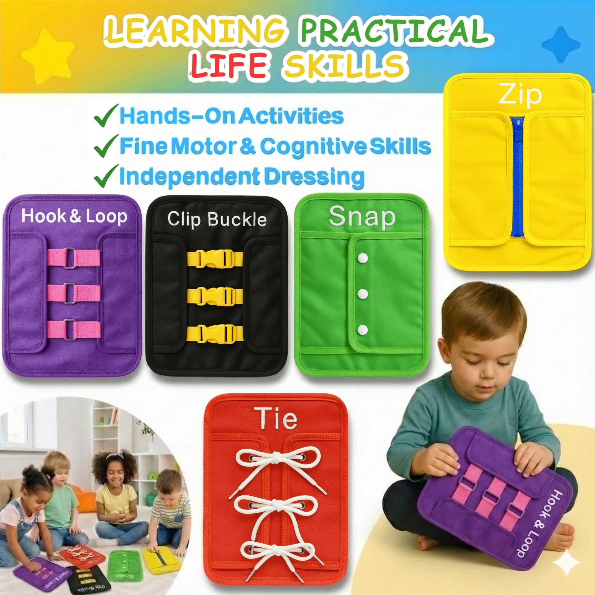 PeekaPlay 5-in-1 Busy Board — Montessori Life Skills Toy